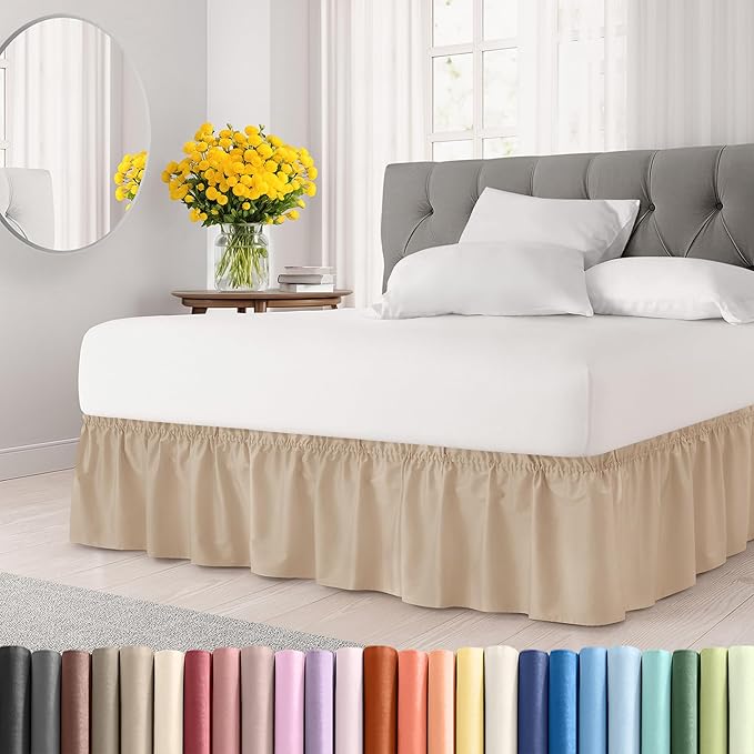 Wrap Around Dust Ruffle Bed Skirt - Cream - for Queen Size Beds with 12 Inch Drop - Easy Fit Elastic Strap - Adjustable Pleated Bedskirt w/Brushed Fabric - Wrinkle Free - for Women, Men, Kids & Teens