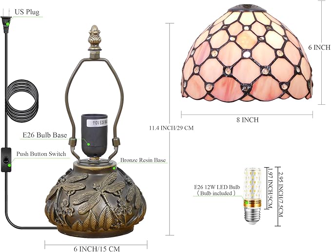 Small Tiffany Lamp Mini Stained Glass Table Lamp Pink Pearl Style Mushroom Accent Lamp 8X11 Inch