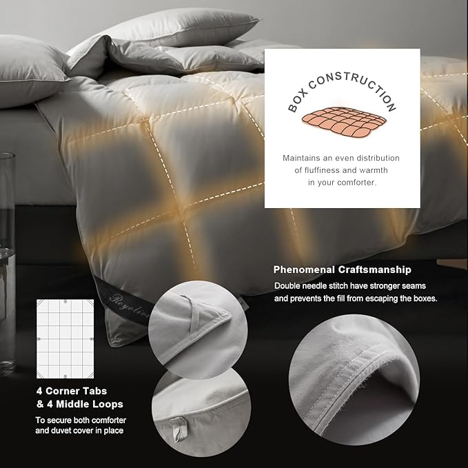 Royoliving Premium Feathers Down Duvet Insert Comforter King Size Gray All Season Medium Warmth Winter Grey 100% Cotton Cover with Corner Tabs (106x90, 60 oz)