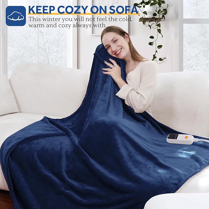 Sealy Heated Blanket Electric Throw 50"x60", Soft Double Flannel Electric Blanket with 6 Heat Levels & 2-10 Hours Auto Shut Off, Machine Washable, Even Heat Distribution, Navy