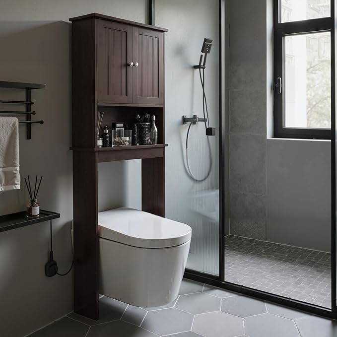 Over The Toilet Storage Cabinet, Behind Toilet Bathroom Organizer with Adjustable Shelves, Above Toilet Organizers with Barn Door, Space Saver for Restroom, Bathroom, Laundry