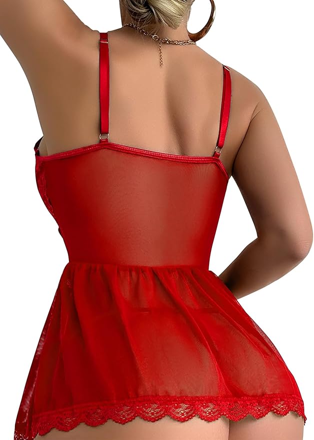 Lilosy Sexy Garter Belt Mesh Lace Babydoll Lingerie Dress Set with Thong