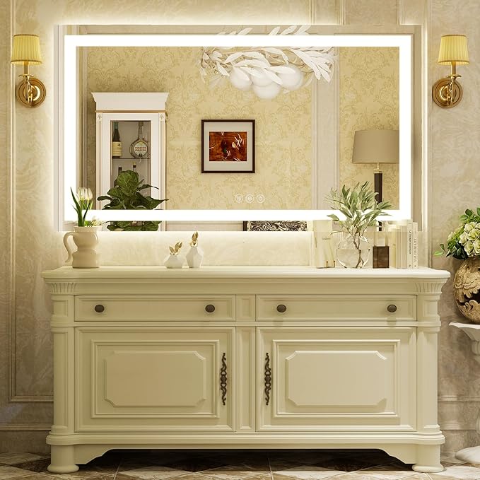 55'' x 30'' LED Bathroom Mirror with Lights, Wall Mirror with Front and Backlight, 3 Colors Vanity Mirror with Lights, Anti-Fog Wall Mirror for Bathroom