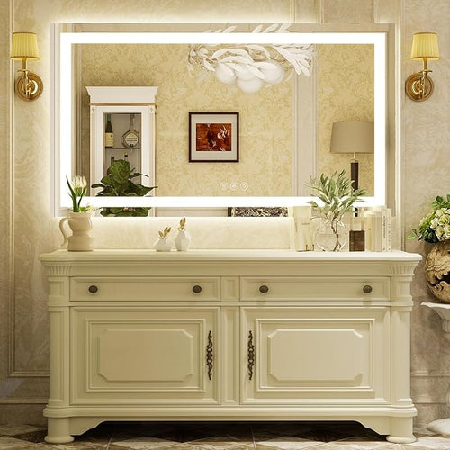 55'' x 30'' LED Bathroom Mirror with Lights, Wall Mirror with Front and Backlight, 3 Colors Vanity Mirror with Lights, Anti-Fog Wall Mirror for Bathroom