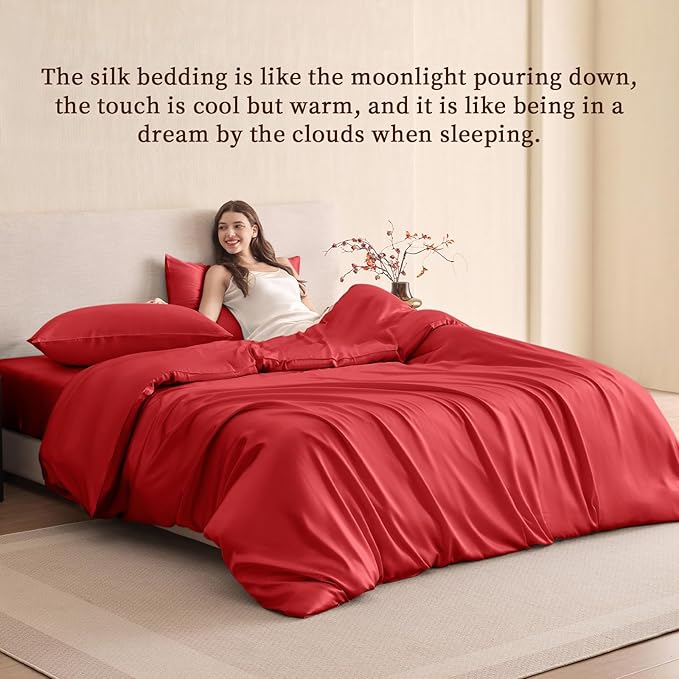THXSILK 100% Pure Mulberry Silk Duvet Cover Set 3 Piece, 6A+ Grade Luxury Soft Bedding Silk Sheets for Hair and Skin, 1 Pcs Duvet/Quilt/Comforter Cover with 2 Zippered Pillowcases (Red, King)