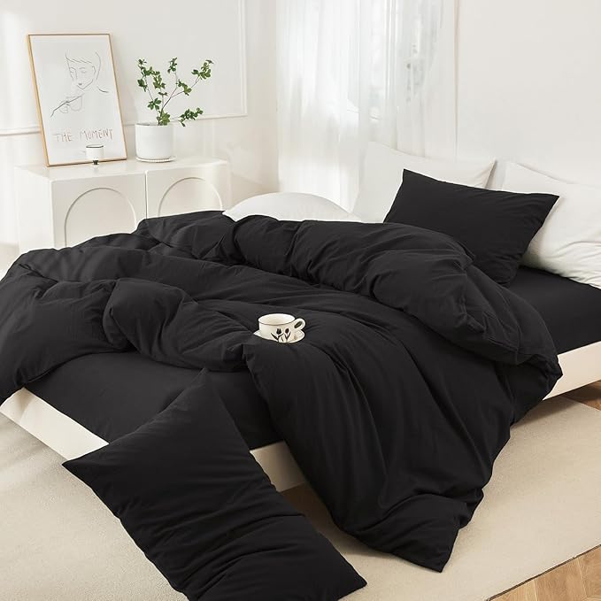 JIYUAN 100% Washed Cotton Duvet Cover Set 3 Pieces Oversized King, 1 Duvet Cover 120x98 Inches(Comforter Not Included) and 2 Pillowcases,Linen Feel Bedding Set Comfy and Breathable,Black