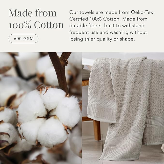 NY Loft 100% Cotton Bath Towel 4 Pack | Super Soft & Absorbent Quick-Dry Bath Towels 30" x 52" |Textured and Durable Cotton | Trinity Collection (4 Pack Bath Towel, Quiet Grey)