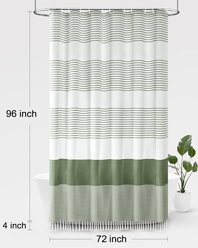 Awellife Sage Green Shower Curtain for Bathroom Stripe Tassel Shower Curtain 72 X 96 Inches Farmhouse Cotton Extra Long