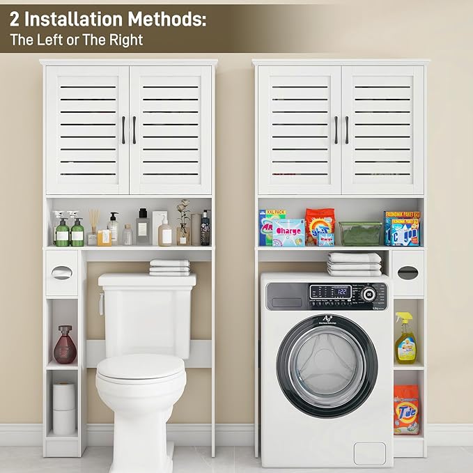 Over The Toilet Storage Cabinet, Wood Over Toilet Bathroom Organizer Cabinet with 2 Doors, Freestanding Home Space Save Toilet Rack for Restroom, Bathroom, Laundry, White