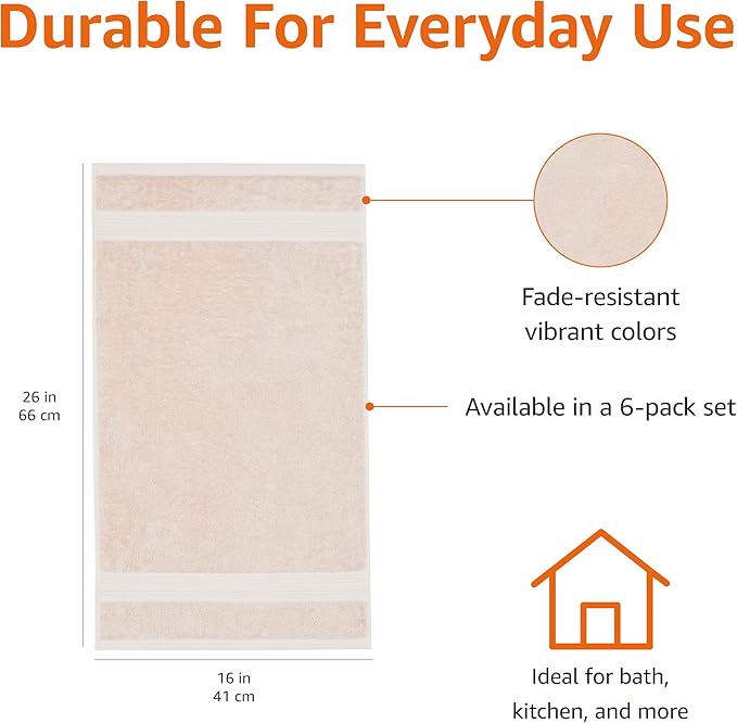 Amazon Basics Fade-Resistant 100% Cotton Hand Towel, 6 Pack, 16"x26", Blush Pink