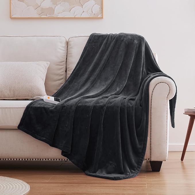 Sealy Heated Blanket Electric Throw 50"x60", Soft Double Flannel Electric Blanket with 6 Heat Levels & 2-10 Hours Auto Shut Off, Machine Washable, Even Heat Distribution, Charcoal