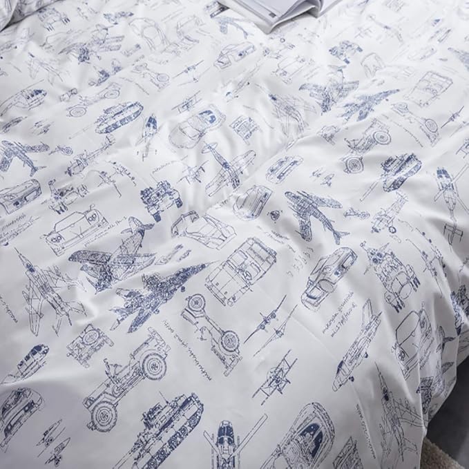 KAREVER White Aircraft Comforter Set Twin Boys Cartoon White Bedding Set Airplane Comforter Car Tank Printed Bedding for Children Teen Boy Blanket Set