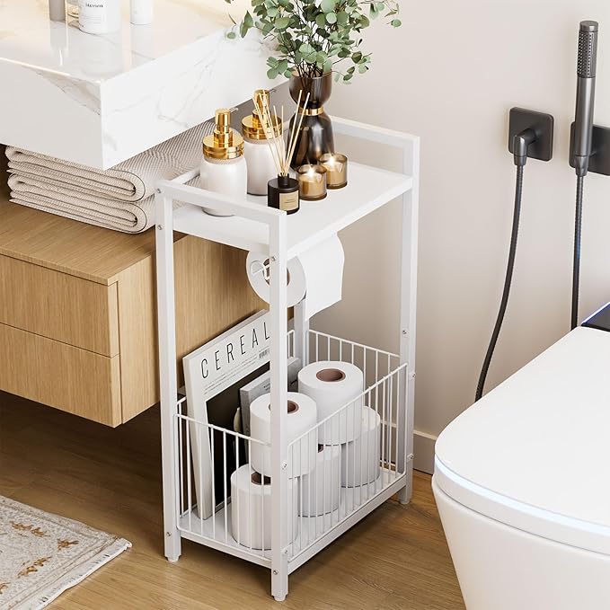 IBUYKE Freestanding Toilet Paper Holder Stand with Storage Shelf,Bathroom Toilet Tissue Roll Dispenser with Extra Space for Rolls, Magazines, Wet Wipes White TLJ020W