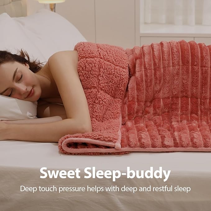 Sherpa Fleece Weighted Blanket with 3D Ribbed Stripes, 15 lbs Soft Flannel Heavy Throw Blanket for Couch Bed Sofa, Heavy Thick Blankets with Ceramic Beads, Great for Sleep, 48" x 72"