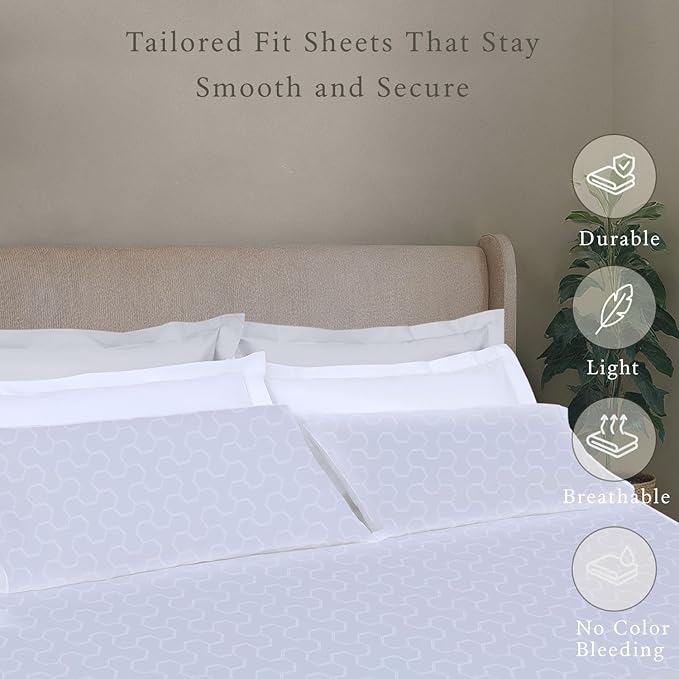 Threadmill 500 Thread Count King Size 4 Pc Luxury Cotton Bed Sheet Set, Jacquard Floria Hotel White, Silky Soft Sheets with 16" Elasticized Deep Pocket, 2 Pillowcases & Free Tote Bag