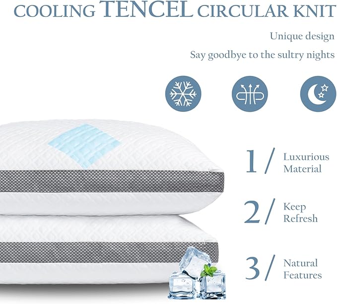 Tencel Queen Bed Pillows, Shredded Memory Foam Pillows, Adjustable Bed Pillow for Sleeping, 20"x30" Cooling Tencel Circular Knit Pillows for Side, Back, Stomach Sleepers（Pack of 1）