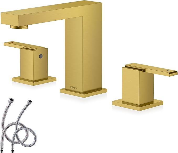KENES Brushed Gold Widespread Bathroom Faucet 2 Handle Bathroom Sink Faucets 3 Hole, Gold 8-Inch 3 Pieces Vanity Lavatory Faucet with Supply Lines, KE-9050-4