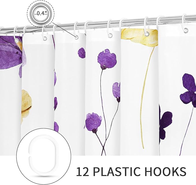 Gibelle Small Stall Shower Curtain 36 x 72, Narrow Half Watercolor Floral Fabric Shower Curtain, Purple Yellow Flower Decorative Bathroom Shower Curtain Set with Hooks