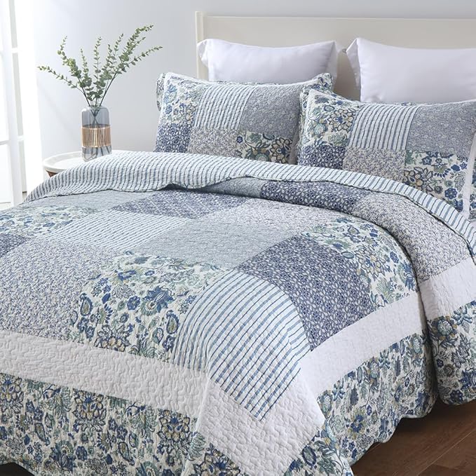 Cotton Bedspread Quilt Bedding Sets 3 Pieces Reversible Coverlet Sets Comforters Vintage Floral Patchwork Blue Bedspread (Blue Vintage Floral, Queen Size)
