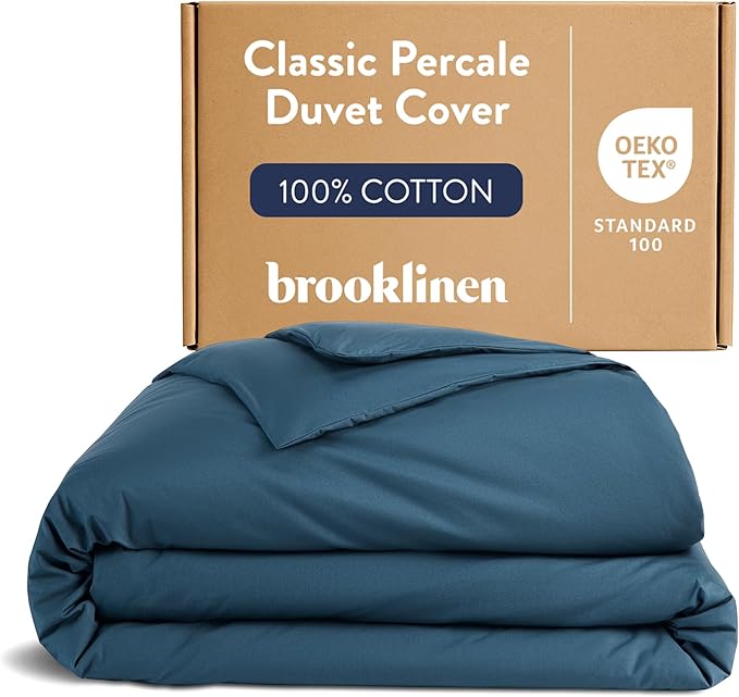 Brooklinen Luxury Percale Duvet Cover – 100% Cotton, Cool, Crisp, Extra-Long Corner Ties, Button Closure, Soft & Breathable – Machine Washable, Duvet Cover Full/Queen Bed Sizes (Abyss)