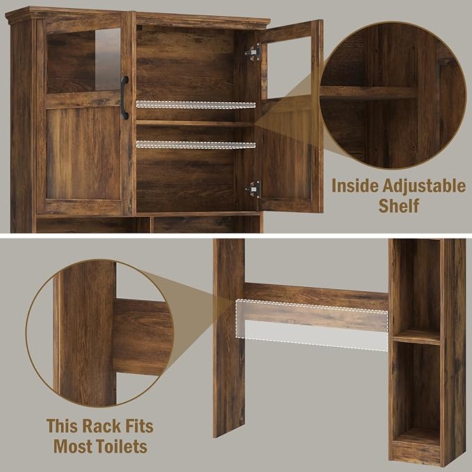 Vabches Over The Toilet Storage Cabinet With Double Doors & Paper Holder Stand, Freestanding Shelf Space Saver With Anti-Tip Design & Adjustable Shelf, Brown