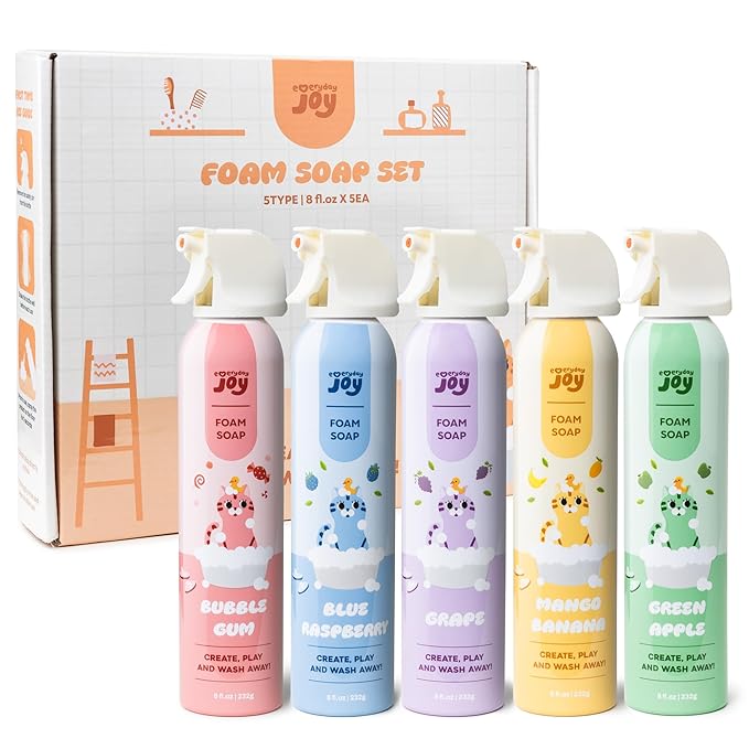 Fluffy Foam Soap for Kids Bath and Hand Washing - Hypoallergenic Fun Colorful Foamy Cleanser for Sensory Play, Bathtime Art, Washing - Moisturizing Formula with Aloe and Hyaluronic Acid - 5 Pack