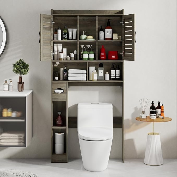 Over The Toilet Storage Cabinet, Farmhouse Storage Cabinet Over Toilet with 2 Louvered Door，Home Space-Saving Toilet Rack, for Restroom, Laundry， Bathroom