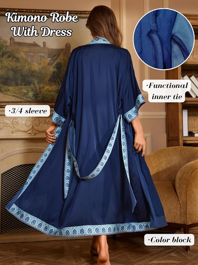 Satin Robe Sets For Women, 2-PC Lightweight Bathrobe, Silk Sleepwear Kimono Bridesmaid Sexy Robes