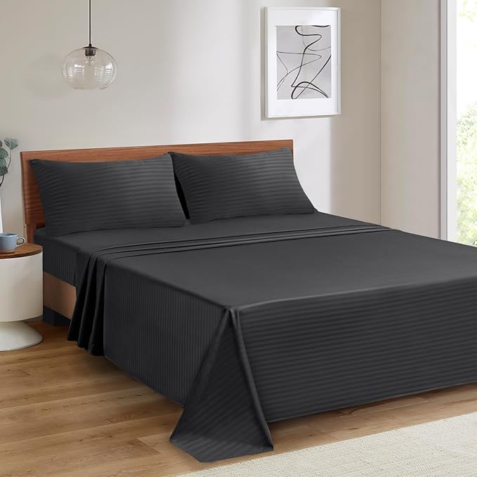 Mejoroom Striped Queen Size Sheet Set - Hotel Luxury 1800 Bedding Sheets & Pillowcases - Deep Pocket Fitted Sheet, Soft, Breathable, Wrinkle & Fade Resistant - 4 Piece (02-Black)