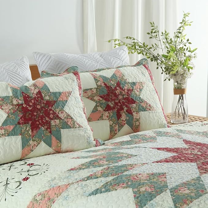 Cotton Bedspread Quilt Bedding Sets, 3 Pieces Reversible Coverlets Comforters Star with Red Floral Real Patchwork Bedspread, King Size