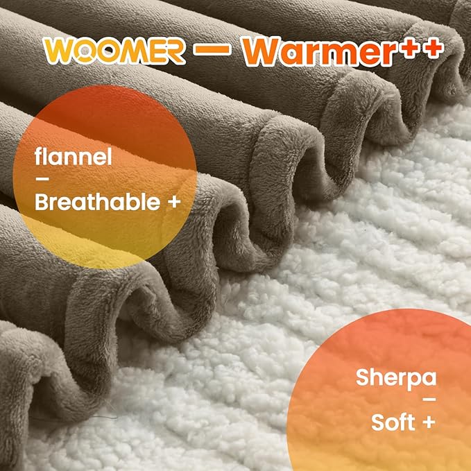 WOOMER Electric Blanket Full Size,Durable Flannel and Soft Sherpa,Dual Control,77”×84” Heated Throw Blanket, 10 Heat Levels&0.5-12h auto-Off,Energy Efficient,ETL Certified