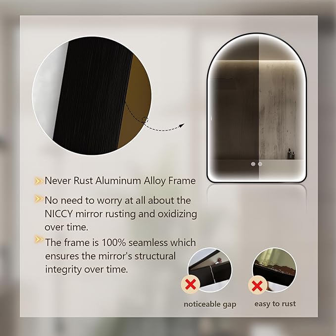 Niccy Arched LED Bathroom Mirror, 30"x20" Black Framed Arch Wall Lighted Mirrors, Arching Frontlit Vanity-Mirror with Memory Function for Bathroom Bedroom, Defogger and 3 Color, Explosion-Proof