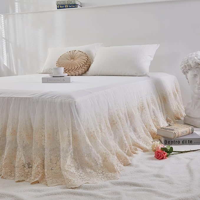 Brandream Lace Bed Skirt Twin Size Cream White 18 Inch Drop Romantic Dust Ruffle Split Corners Bed Sheets Cover Excellent Quality