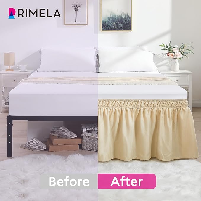 RIMELA Oatmeal Bed Skirting Queen Size Bed Skirt 15 Inch Drop, Wrap Around Elastic Adjustable Bedskirt, Dust Ruffle for Bed Frame & Box Spring Soft Durable Fabric Machine Washable Easy to Install