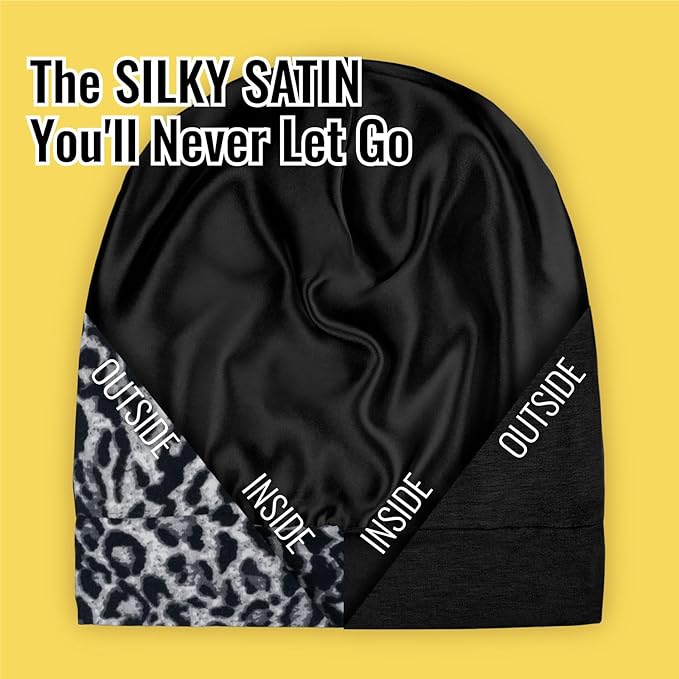 Satin Bonnet for Curly Hair and Braids, Night Cap with Adjustable Strap for Women and Men, Black and Black Leopard, Pack of 2