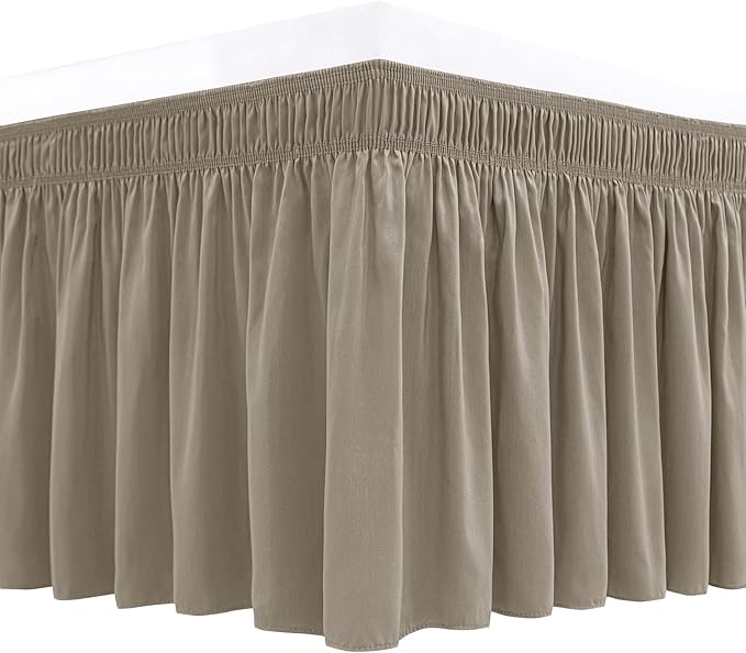 Biscaynebay Wrap Around Bed Skirts for Full & Full XL Beds Short Drop of 12", Taupe Adjustable Elastic Dust Ruffles Easy Fit Wrinkle Resistant Silky Luxurious Fabric Machine Washable