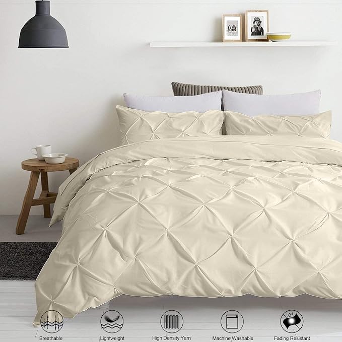 Pinch Pleated Duvet Cover Set 100% Cotton 3PC Super King Plus Size 120x120 Duvet Cover Set, Decorative Pinch Design Ivory Duvet Cover with Matching Pillow Case