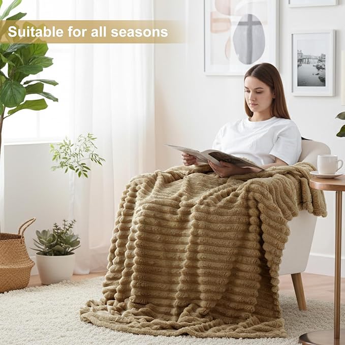 decorUhome Christmas Soft Fleece Brown Twin Blanket for Bed, Cozy Fluffy Plush Flannel Striped Throws for Couch Sofa, Lightweight Decorative Ribbed Fuzzy Blanket for Woman, 60x80 Inches