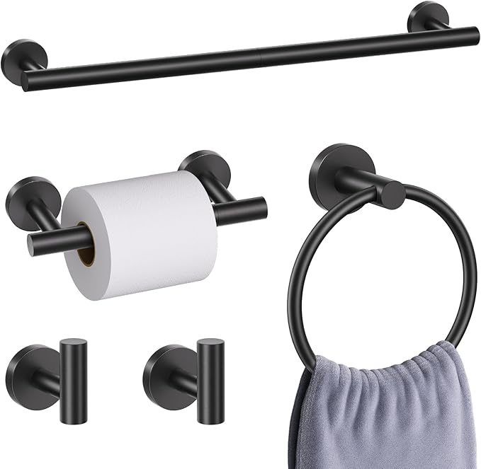 5 Pieces Matte Black Round Towel Bar Set Bathroom Hardware Accessories Set Upgraded Toilet Paper Holder Towel Racks Set for Bathroom Stainless Steel Wall Mounted 23.6 in