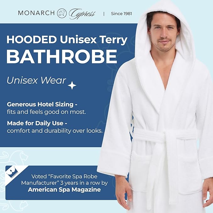 MONARCH Hooded Terry Shawl Collar Unisex Bathrobe – Thick Terrycloth Fabric, Generously Sized Hotel & Spa Robe with Pockets