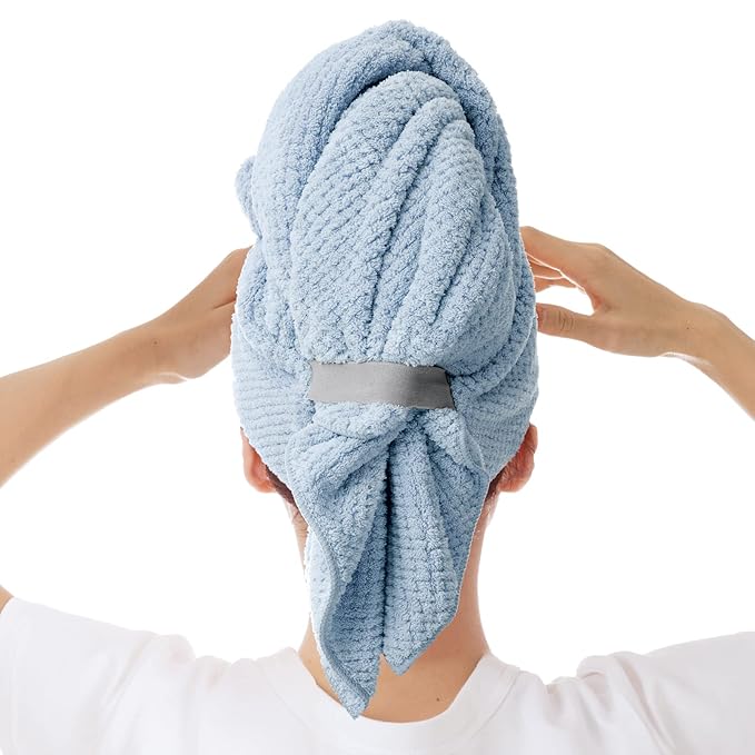 Large Microfiber Hair Towel Wrap for Women, Anti Frizz Hair Drying Towel with Elastic Strap, Fast Dry | Super Absorbent | Quick Dry Hair Turban for Wet, Curly, Long & Thick Hair -Blue