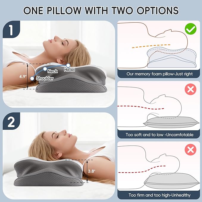 Cervical Neck Pillow, Ergonomic Side Sleeper Pillow for Pain Relief, Cooling Pillow for Sleeping, Neck and Shoulder, Contour Orthopedic Memory Foam Pillows for Back Stomach Sleepers White Grey