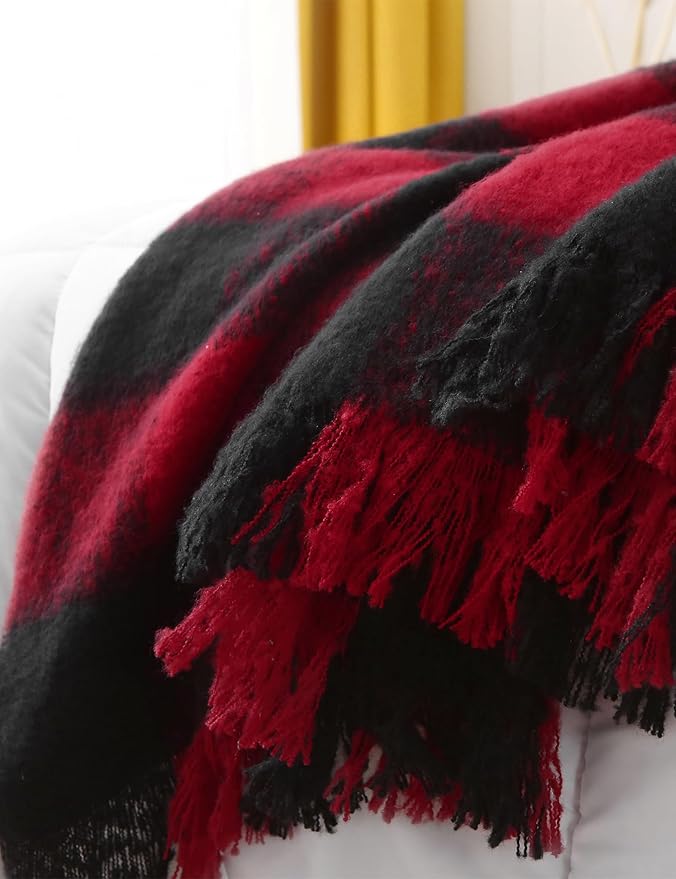 ZonLi Christmas Buffalo Plaid Blanket, Black and Red Plaid Throw Blankets with Tassel for Couch, Bed, Sofa, Chair, Outdoor, Cozy Warm Lightweight Farmhouse,50" x 60"
