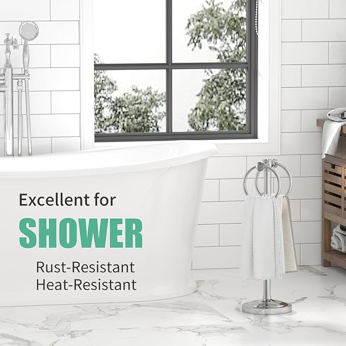 Hoimpro 17" Polished Chrome Standing Towel Rack Bracket, Double Towel Ring Free Hand Towel Stand Holder Bathroom Hardware Accessories Set Towel Bar for Bathroom Vanities and Kitchen Countertops