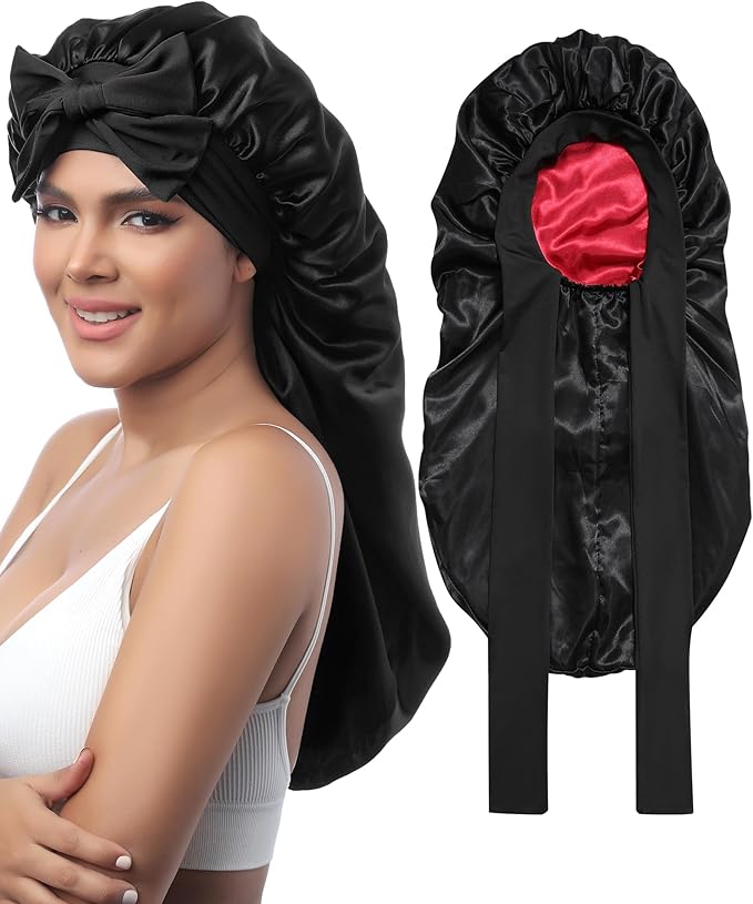 AWAYTR Long Satin Bonnet for Sleeping - Double Layer Reversible Silk Bonnet for Long Hair Women Sleeping Cap with Tie Band