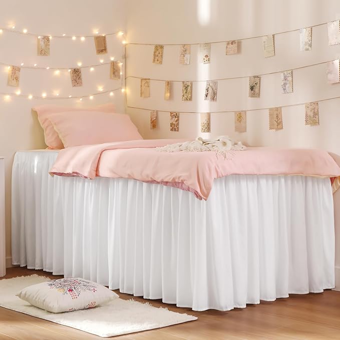 RIMELA Dorm Bed Skirt Twin XL 46 Inch Drop, Easy to Install Extra Long Wrap Around Elastic Dust Ruffle, White Bedskirt Solid Silky Fabric Machine Washable (Twin XL 80“L x 39”W & Twin 75“L x 39”W)