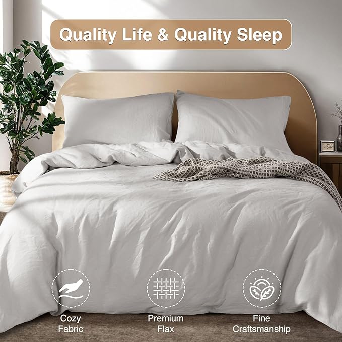 SONORO KATE 100% French Linen Duvet Cover, Soft Breathable for Hot Sleepers, Moisture Wicking & Durable Cover Set - Zipper Closure & 4 Corner Ties Duvet Covers 3 Piece (Grey,Cal King)