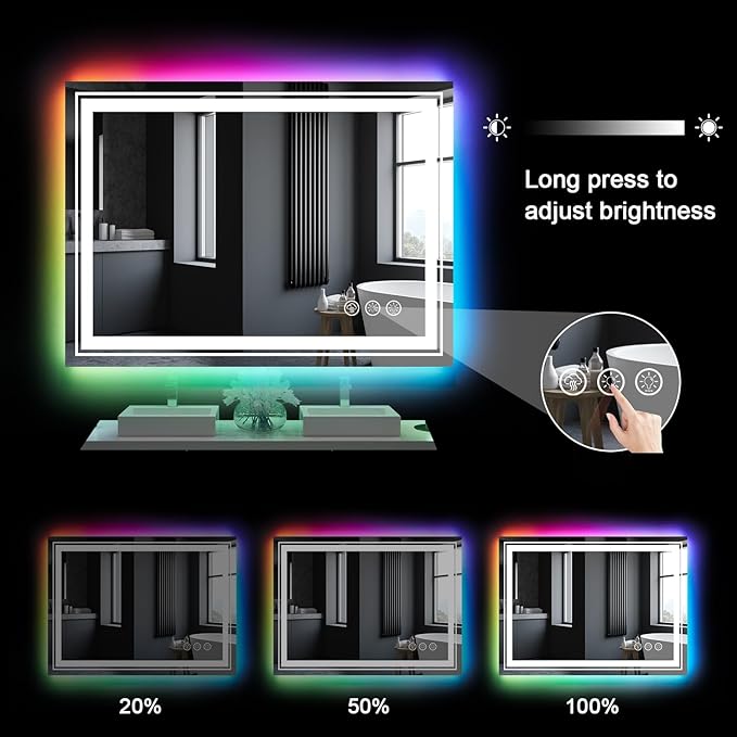 LED Mirror for Bathroom, 20"X28" with 8 RGB Backlit +3 Front Lit (Adjustable Individually), Anti-Fog, Lighted Bathroom Vanity Mirror for Wall, Shatterproof, Memory Function, Tempered Glass
