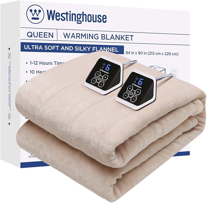 Westinghouse Heated Blanket Queen Size, Electric Heating Blanket with 10 Heating Levels, 1-12 Hours Auto Shut Off, Fast Heating Warming Blanket, Machine Washable(Queen,84x90 Inches,Beige)