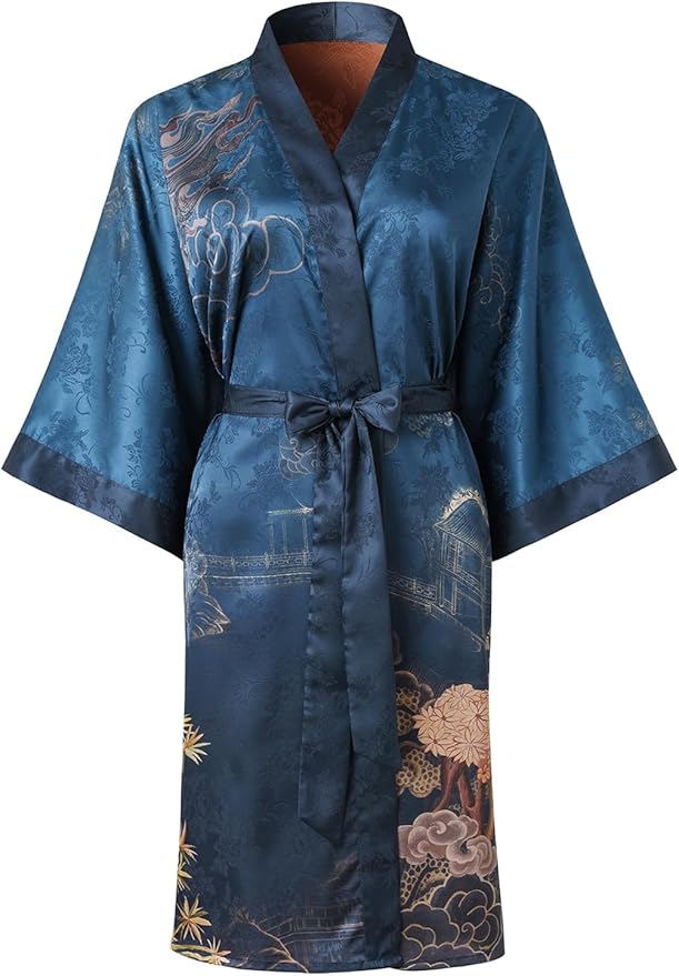 Ledamon Women's Kimono Short Robe - Classic Floral Bathrobe Nightgown